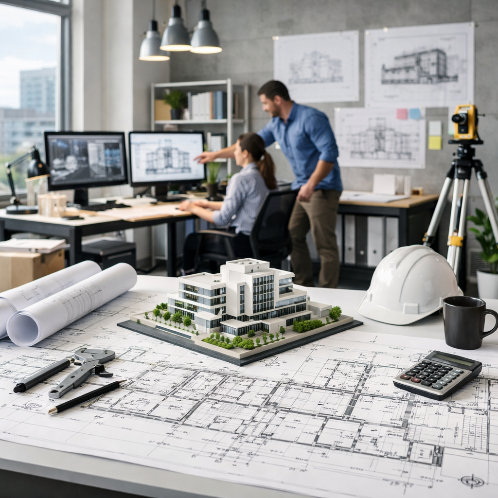 Desk with architectural blueprints, building model, hard hat, and tools with two architects working in background